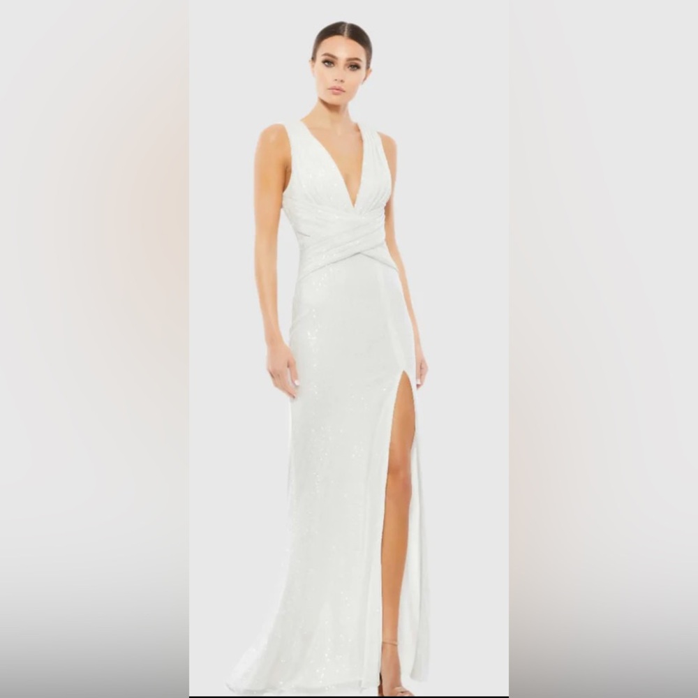 Mac Duggal White V-Neck Sequin Wrap Waist Gown